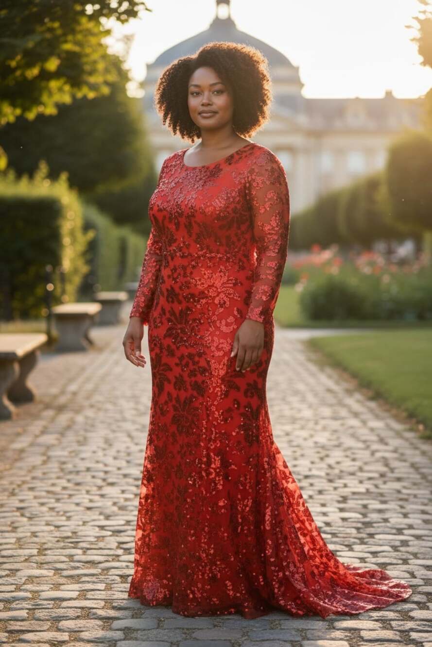 Red Long Sleeve Sequin Floral Mermaid Evening Gown